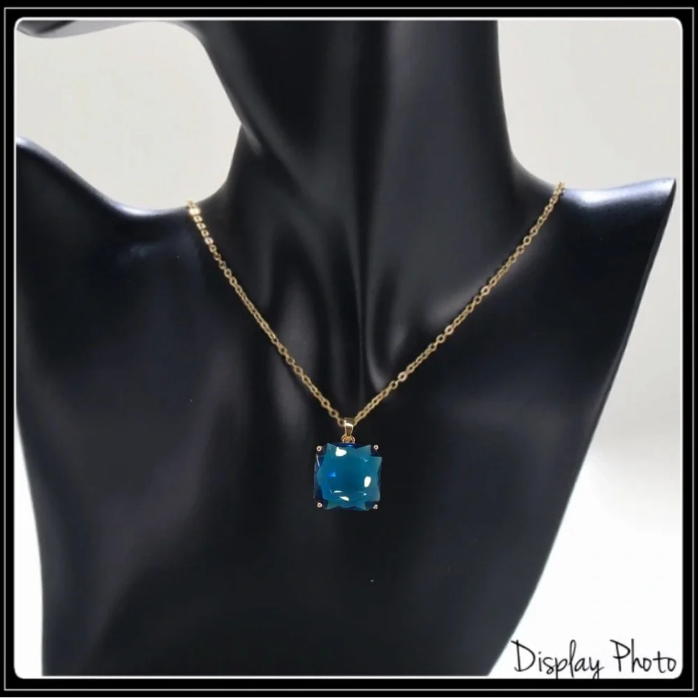 NEW 14K GOLD BLUE SAPPHIRE SQUARE CHUNKY STATEMENT NECKLACE - Picture 3 of 6
